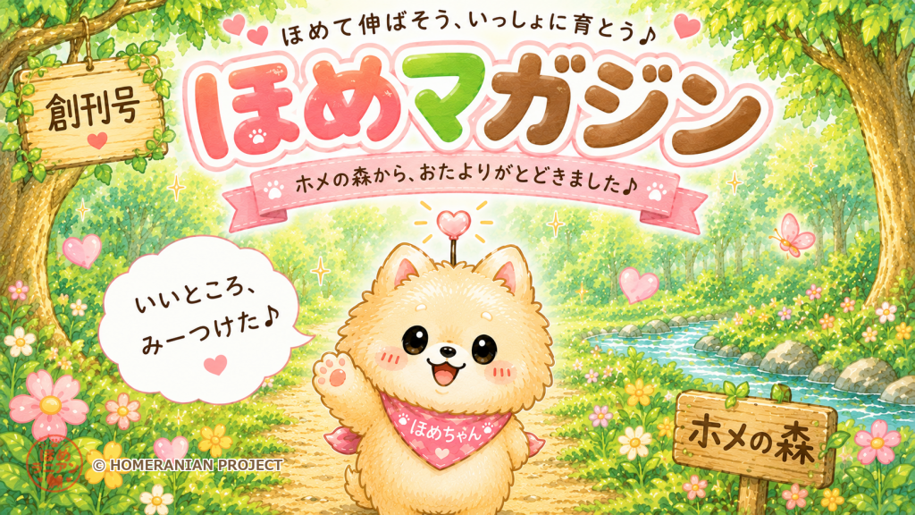 ほめマガジン創刊号の表紙。ホメの森でほめちゃんが手をあげて「いいところ、みーつけた♪」と笑っている