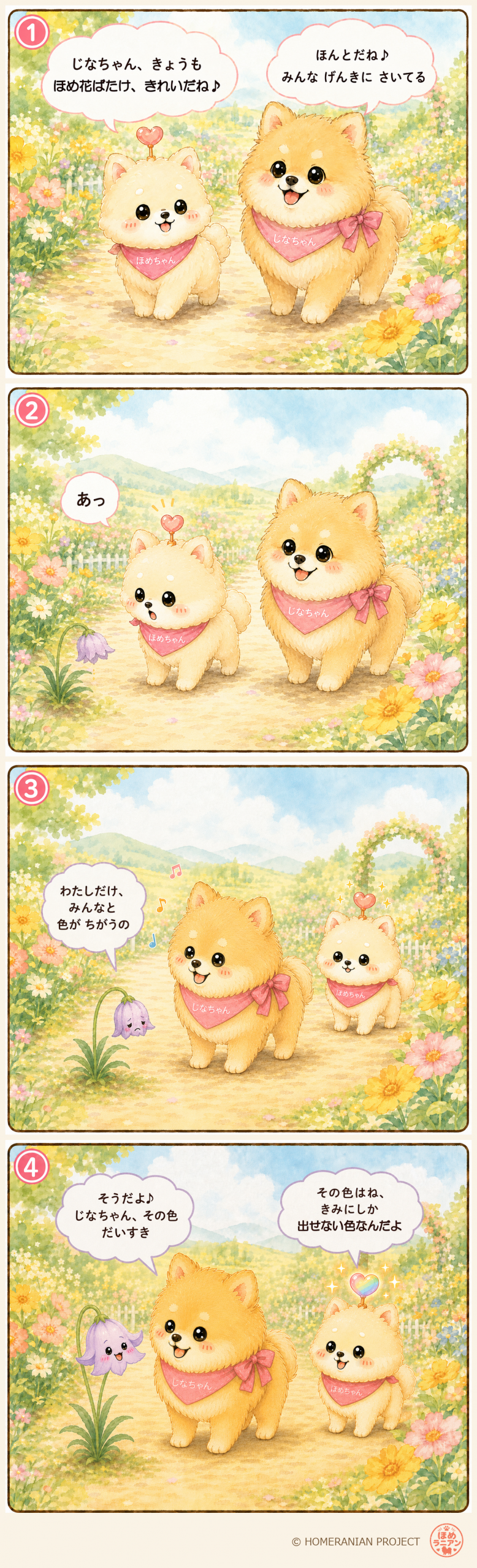ほめちゃんとじなちゃんが、うつむいた一輪の花のいいところを見つけて伝える4コマ漫画