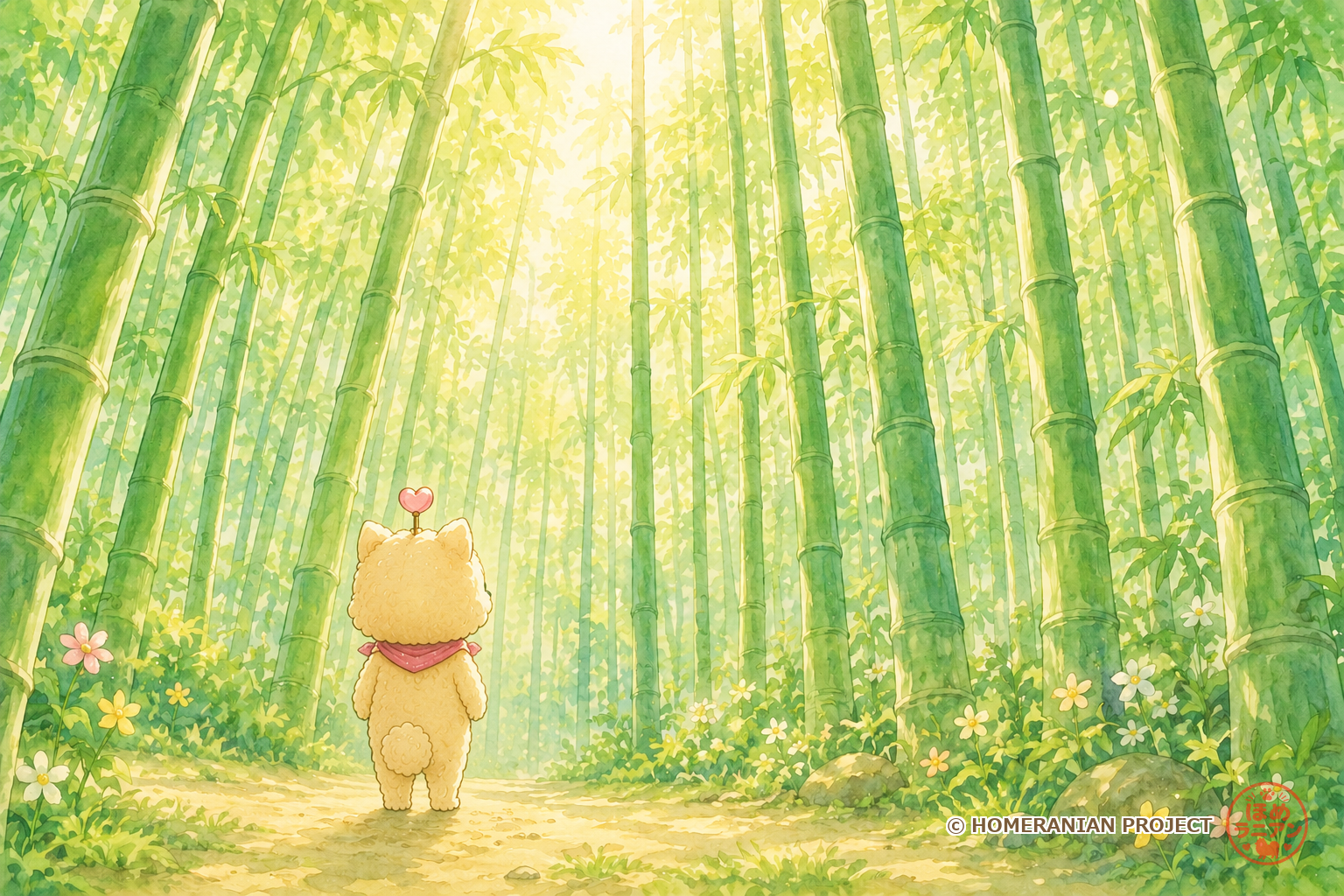 朝の光がさしこむ竹林を、ほめちゃんが後ろ姿で見上げている