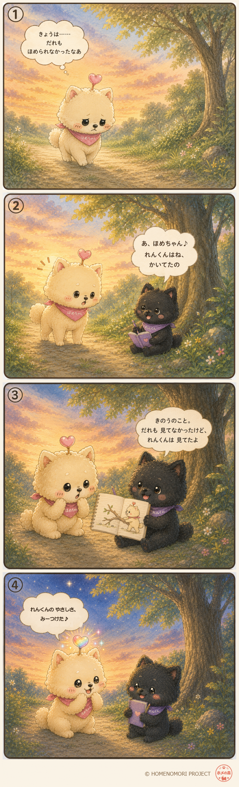 夕暮れのホメの森で、しょんぼりしていたほめちゃんが、れんくんのほめノートに自分の忘れていたやさしさが残っているのを見つける4コマ漫画