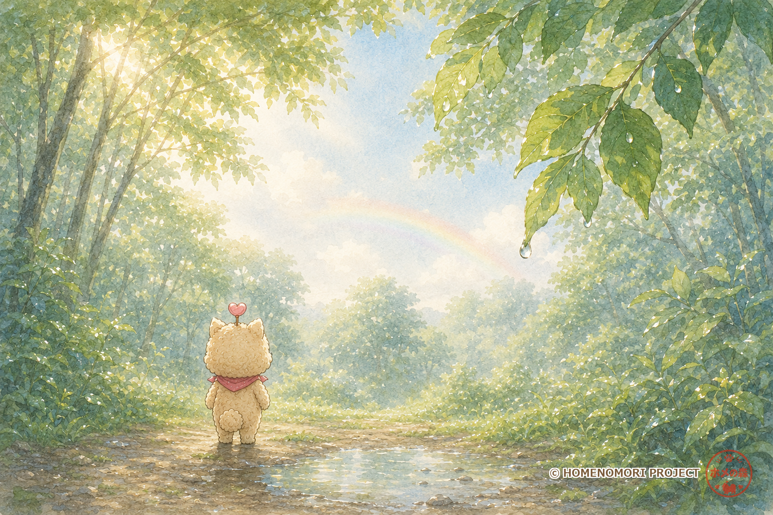 雨あがりの森にかかる虹を、ほめちゃんが小さく後ろ姿で見上げている